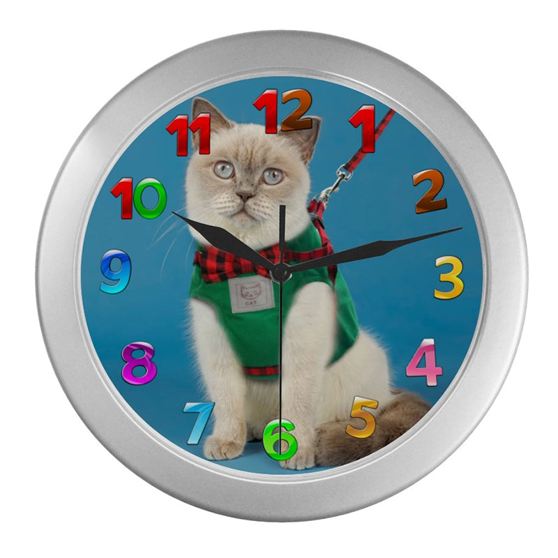 Cat Wall Clock Funny Cat Clock Analog Clock Round Quartz Silver 9